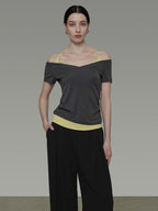 unspoken Moisture Wicking Lyocell Slim V-neck Patchwork Grey Green Halter Crop Tops