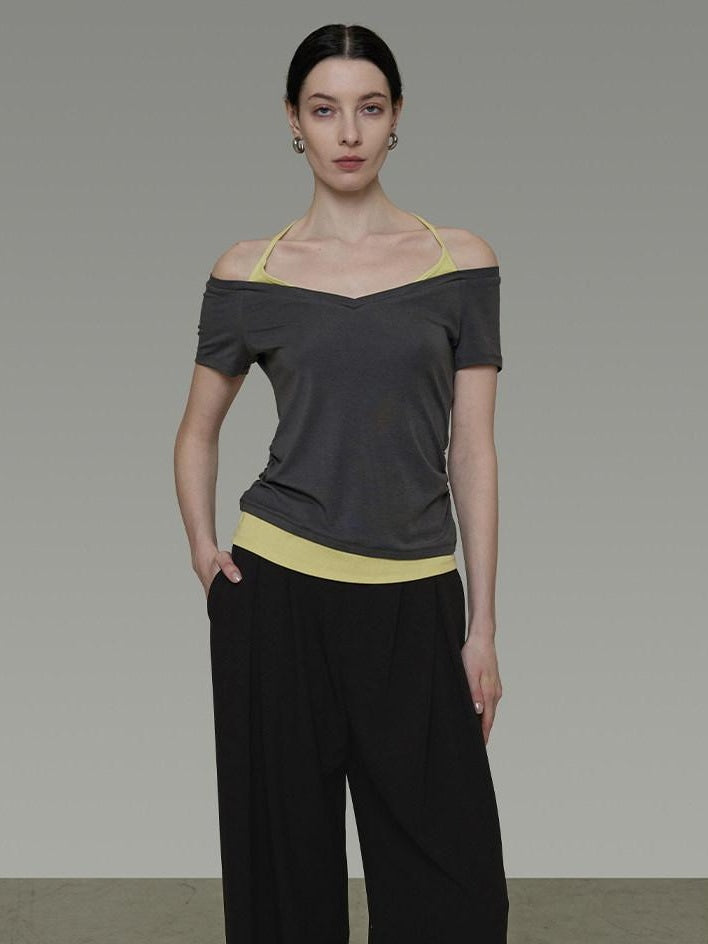 unspoken Moisture Wicking Lyocell Slim V-neck Patchwork Grey Green Halter Crop Tops