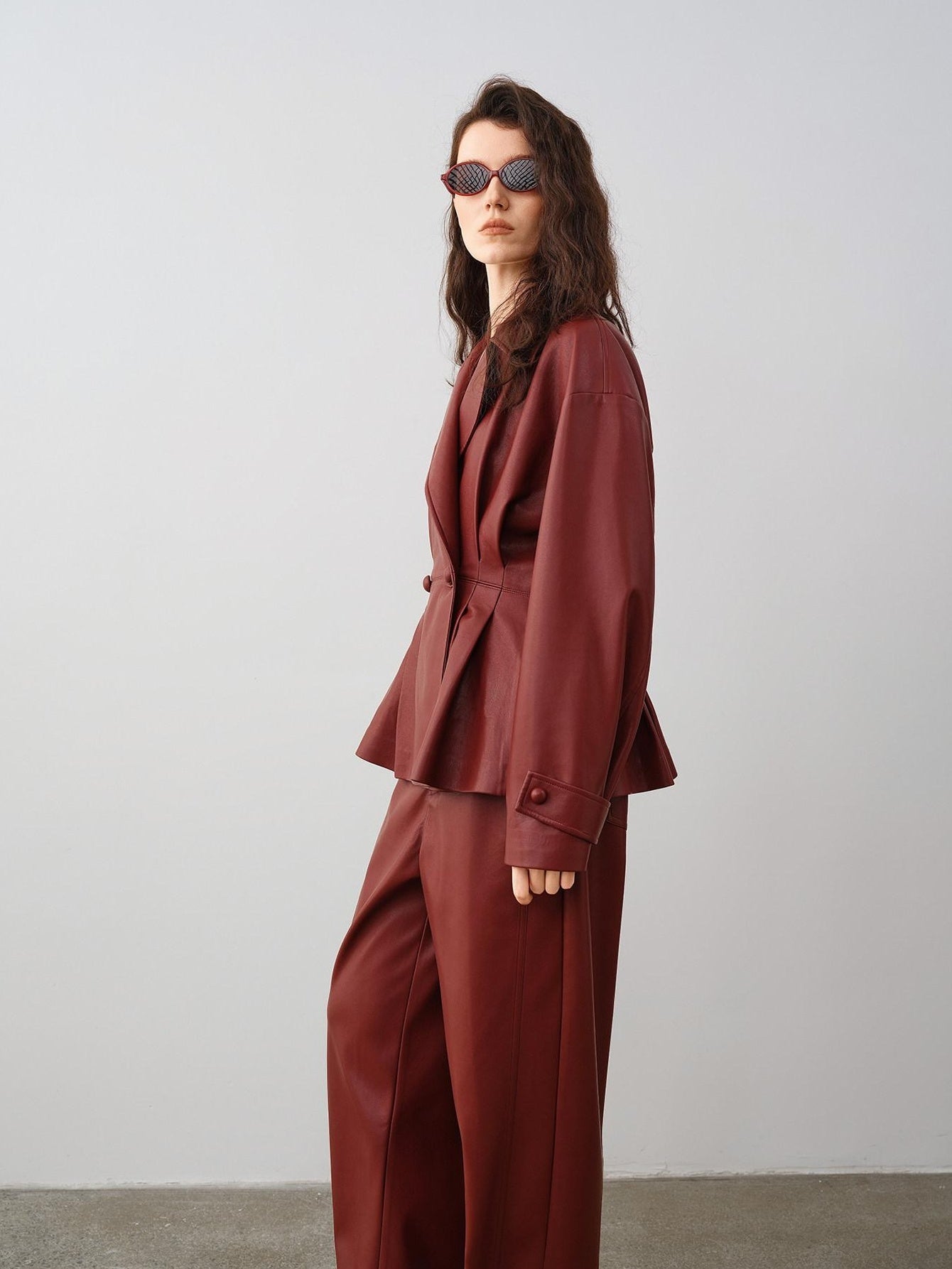 audreyyang 100 Percent Polyester Loose Fit Burgundy Women Wide Leg Pants