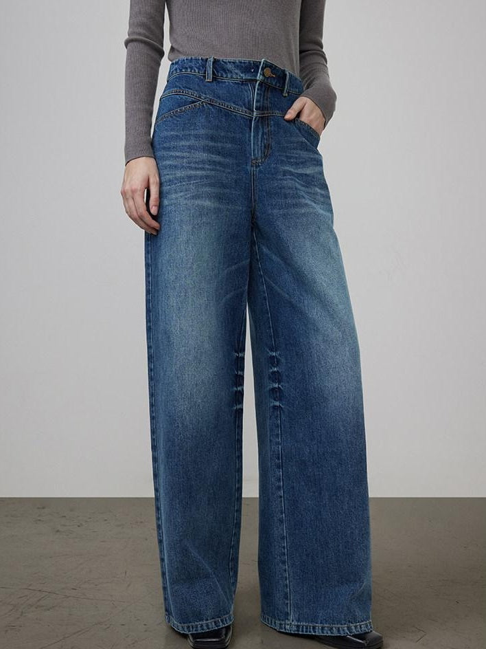 unspoken High Waist Washed Durable Denim Blue Loose Versatile Cotton Wide Leg Jeans