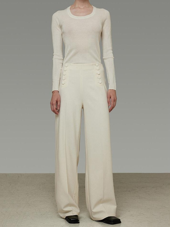 unspoken Breathable High Waist Button Detail Minimal Womens Office White Wide Leg Pants