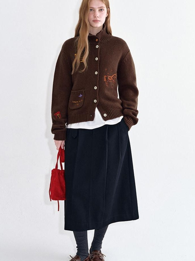 fano Soft Wool Blend Knit Commuter Loose Fit Stand Collar Women Brown Cardigans