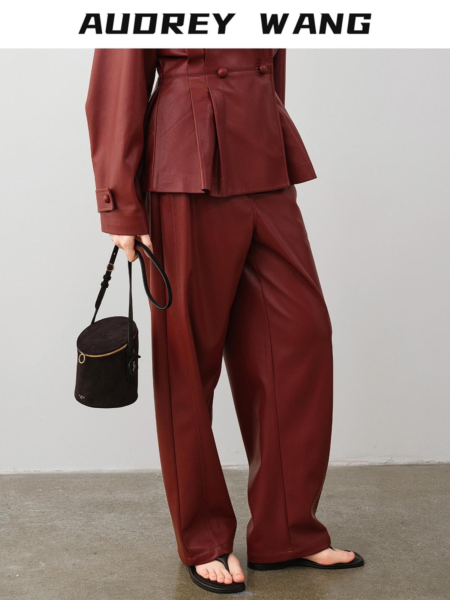 audreyyang 100 Percent Polyester Loose Fit Burgundy Women Wide Leg Pants