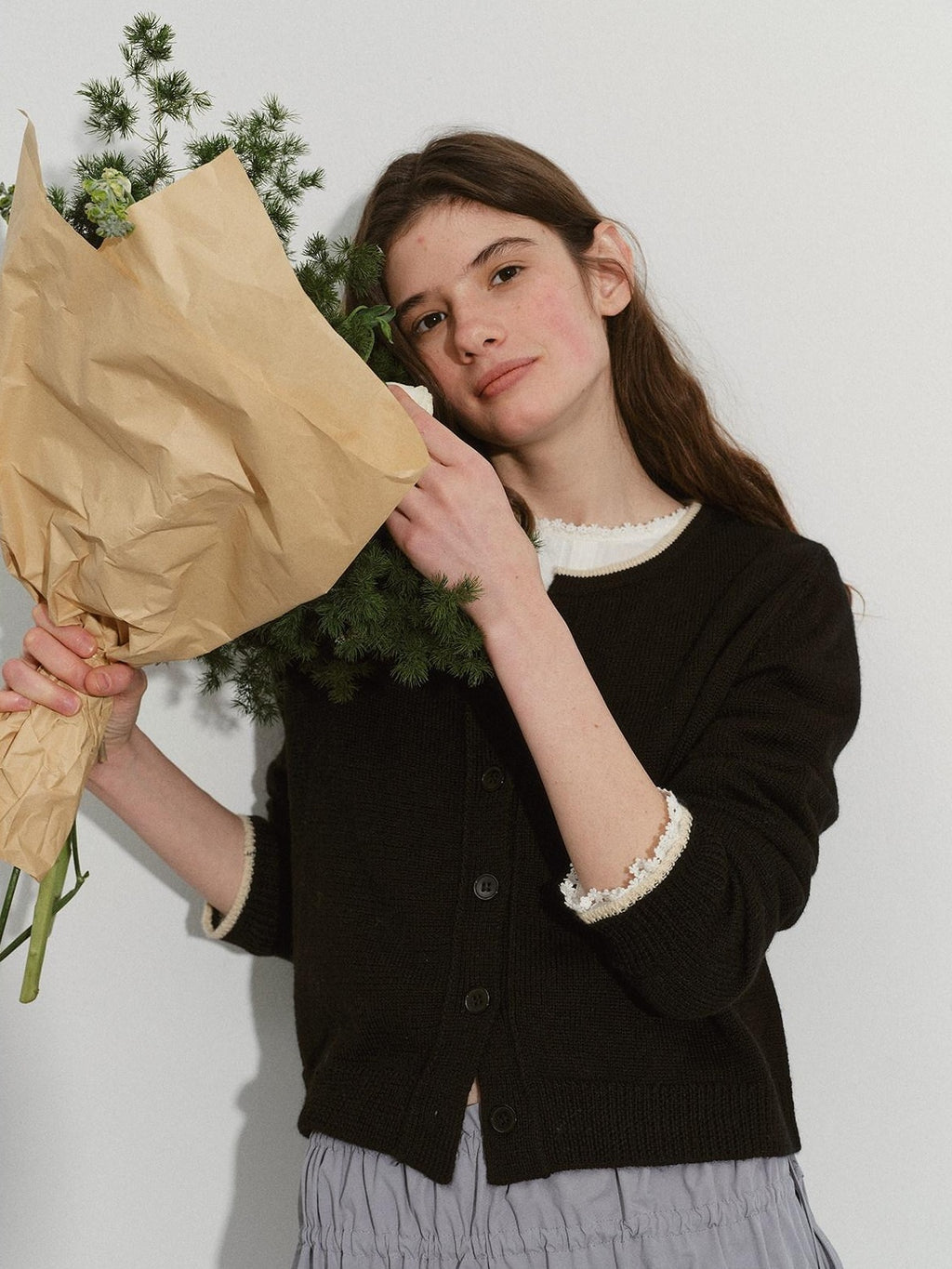 Lofi choose Pure Cotton Lace Trim Office Loose Fit Round Neck Long Sleeve Women Blouses