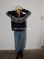 Lofi choose Cozy Thick Zip Front Work Loose Fit Women Office Acrylic Blend Navy Cardigans