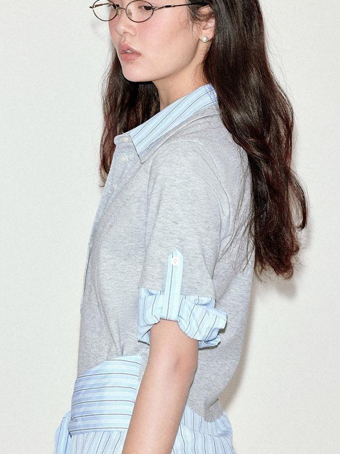 fano High Waist A Line Polo Collar Short Sleeve Cotton Blend Light Blue Midi Dresses