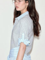 fano High Waist A Line Polo Collar Short Sleeve Cotton Blend Light Blue Midi Dresses