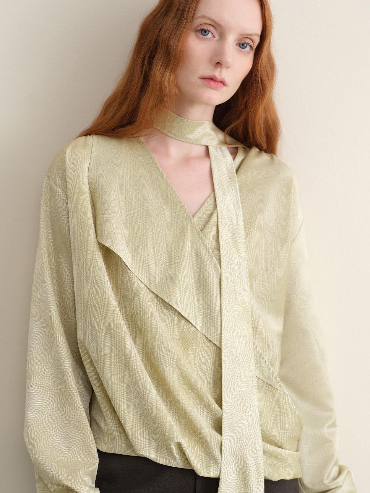 someonesometimes Breathable Casual Loose V-neck Tie Front Bell Sleeve Floral Cantaloupe Blouses