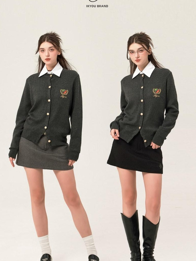ikyou Embroidered V-neck Minimal Office Knit Button Front Long Sleeve Cardigans