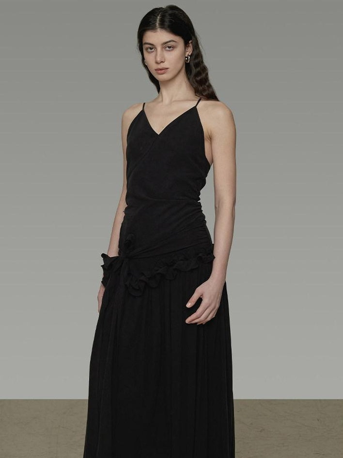 unspoken Ultra Soft Tencel A Line Cinched Waist Minimalist Commuter Black Maxi Dresses