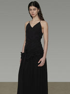 unspoken Ultra Soft Tencel A Line Cinched Waist Minimalist Commuter Black Maxi Dresses