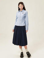ikyou Embroidered Slim Commuter Square Neck Striped Long Sleeve Cotton Blend Shirts
