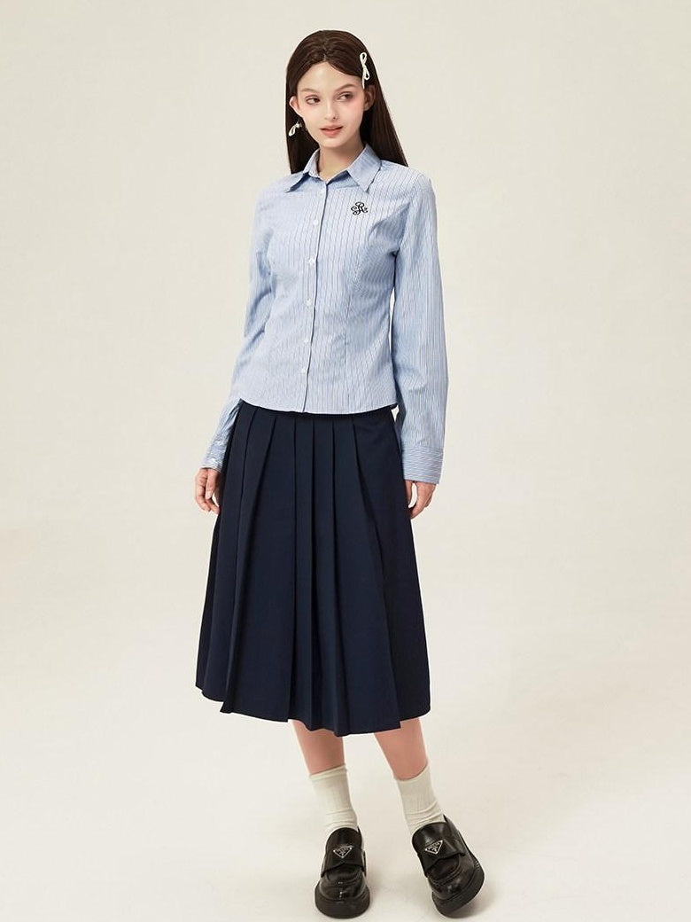 ikyou Embroidered Slim Commuter Square Neck Striped Long Sleeve Cotton Blend Shirts