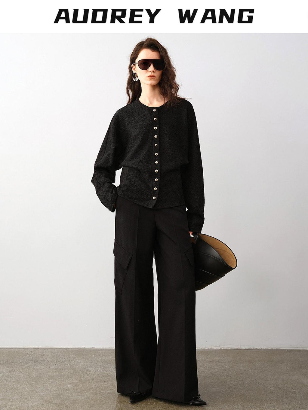 audreyyang High Waist Korean Workwear Black Polyester Viscose Wide Leg Pants