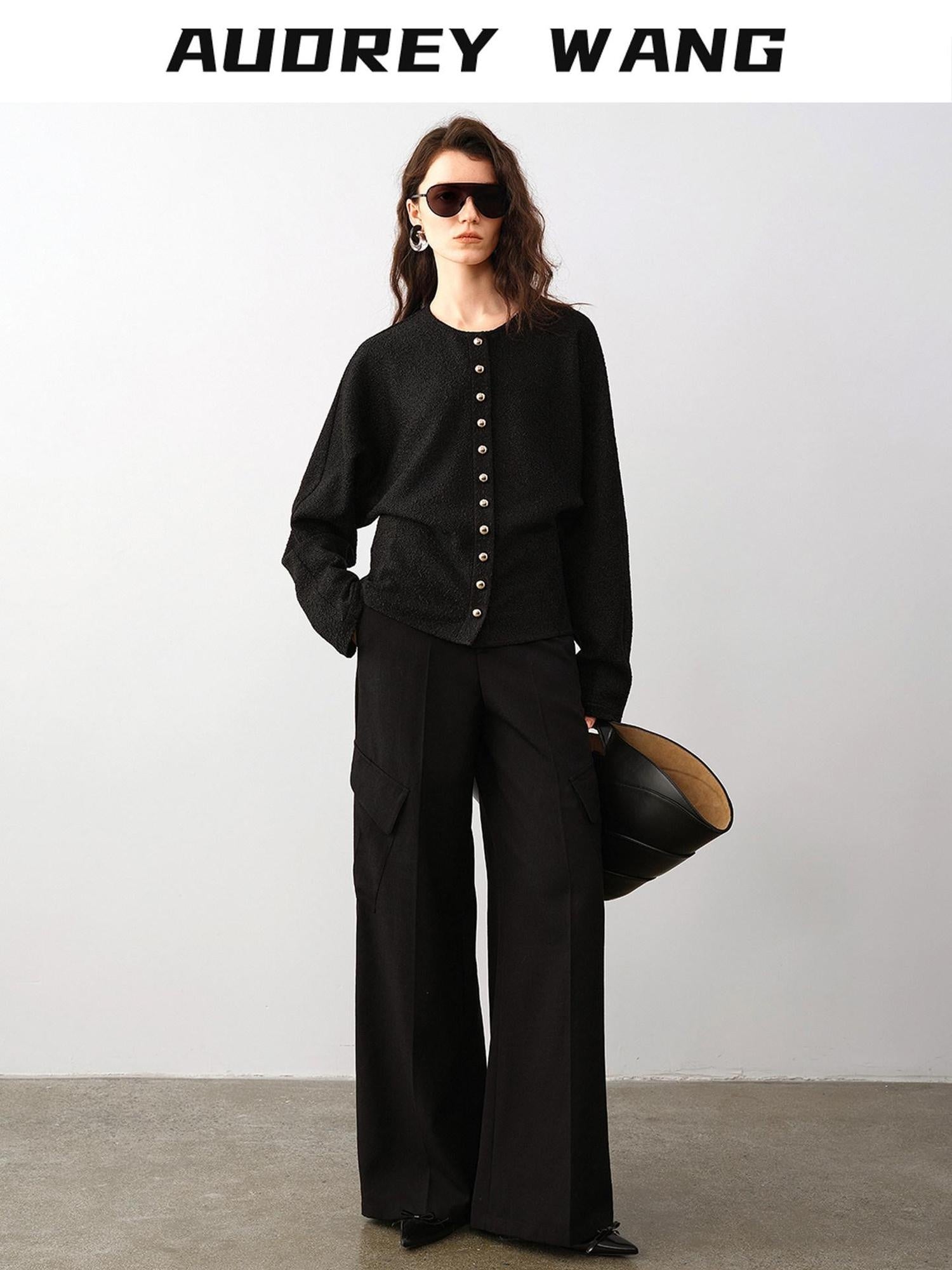 audreyyang High Waist Korean Workwear Black Polyester Viscose Wide Leg Pants