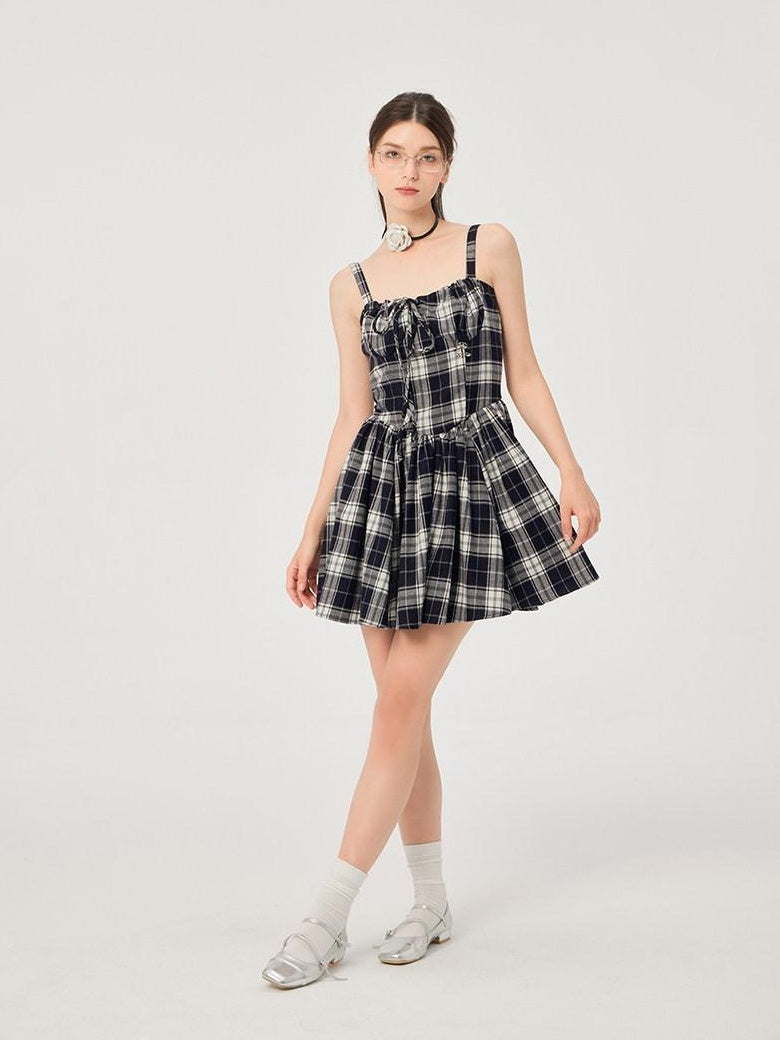 ikyou Slimming Cinched Waist Strappy Plaid A Line Office Midi Dresses