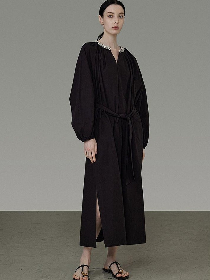unspoken Cotton Loose Waist Minimalist V-neck Long Sleeve Casual Black Maxi Dresses