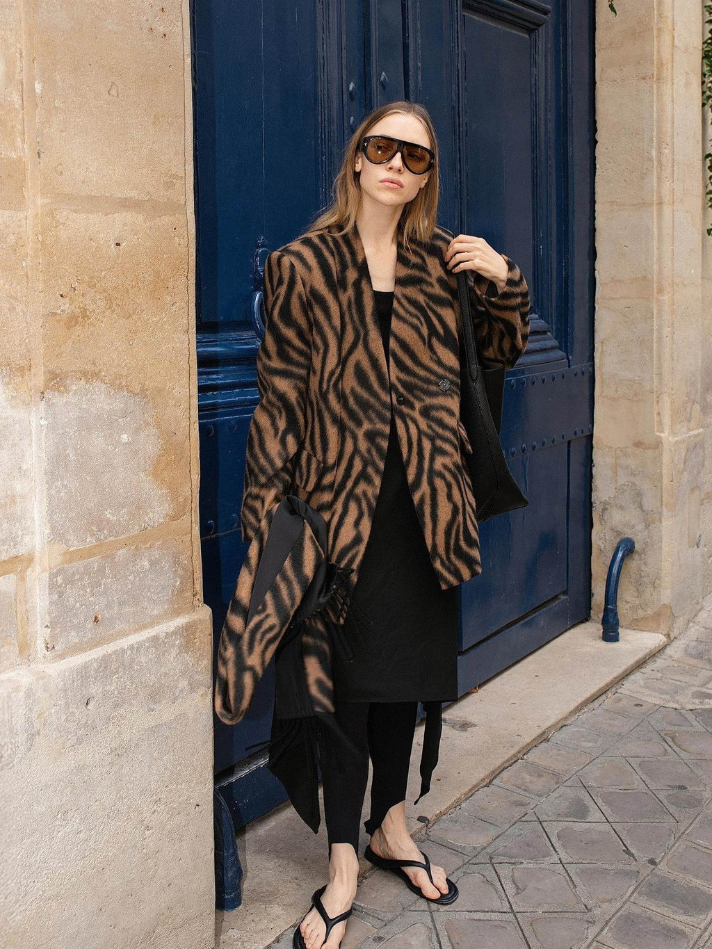 audreyyang Wool Blend Fringe Relaxed Double Breasted Women Zebra Print Blazers