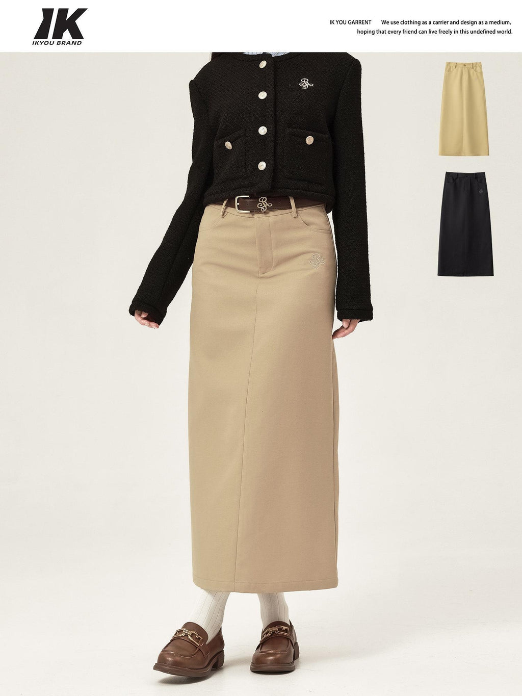 ikyou High Waist Embroidered A Line Minimal Office Midi Khaki Black Maxi Skirts