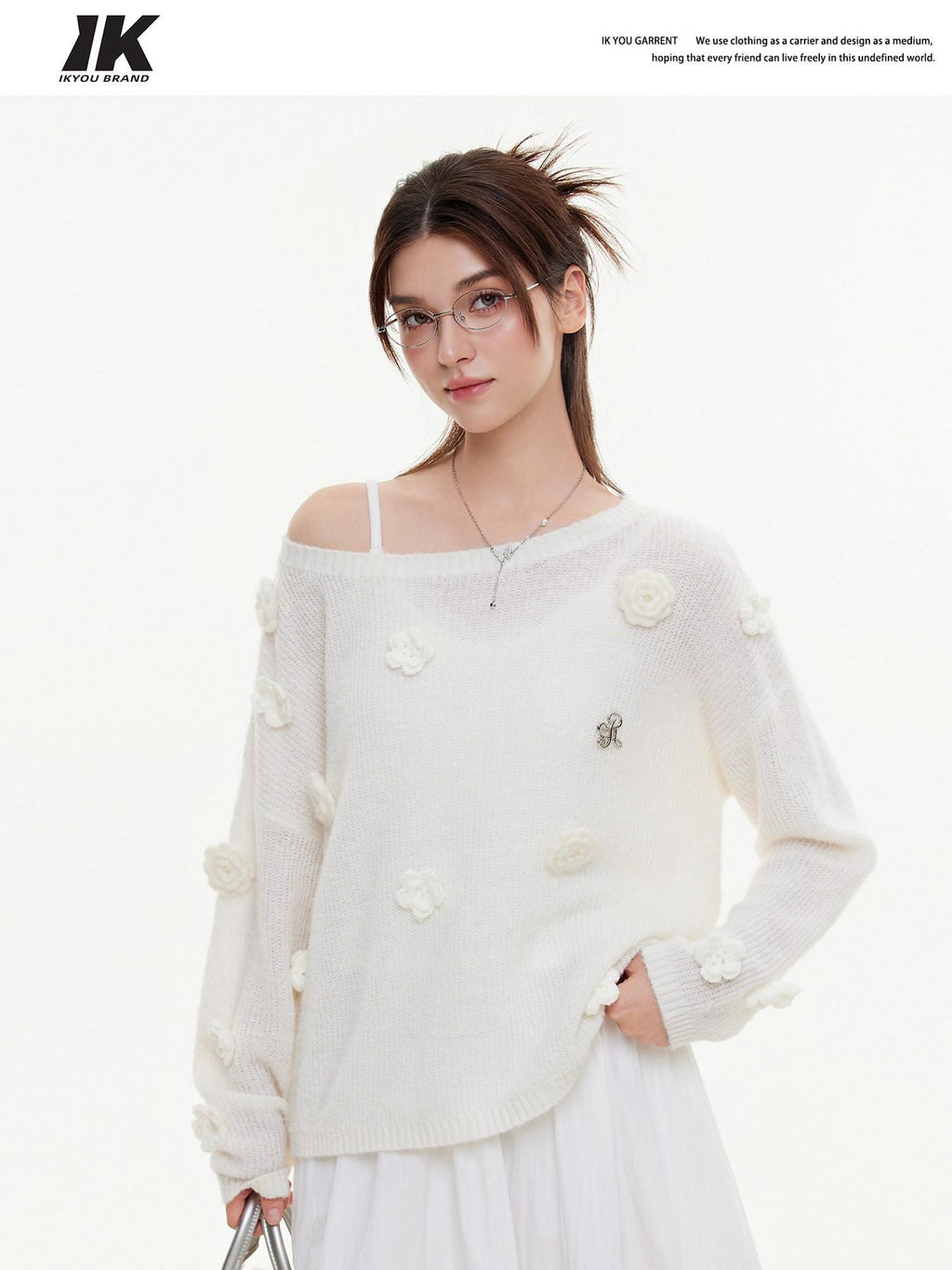 ikyou Warm Wool Blend Pullover Loose Crochet 3D Detail Office Boat Neck White Sweaters