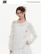 ikyou Warm Wool Blend Pullover Loose Crochet 3D Detail Office Boat Neck White Sweaters