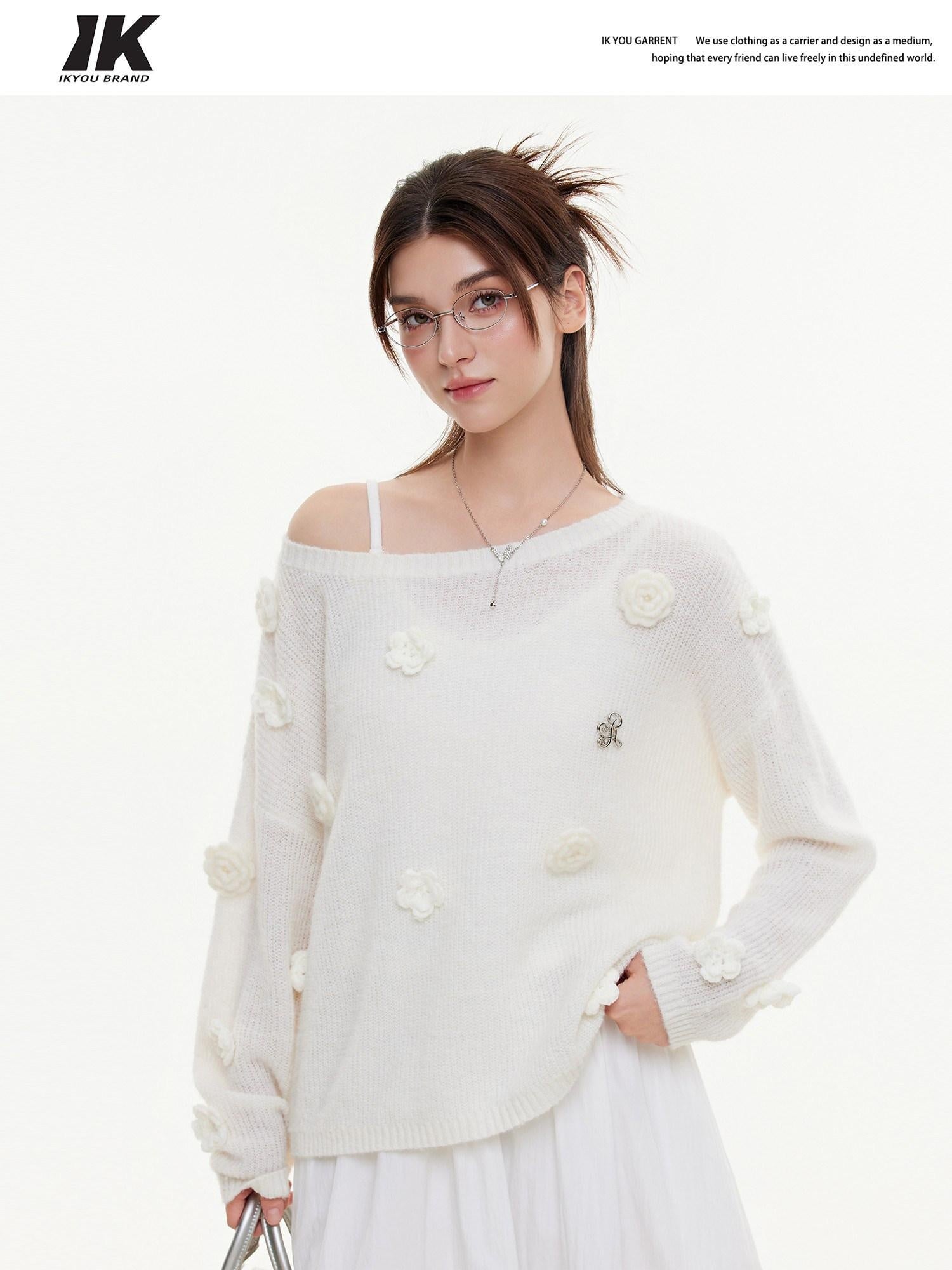 ikyou Warm Wool Blend Pullover Loose Crochet 3D Detail Office Boat Neck White Sweaters