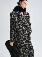audreyyang Thick Wool Blend Retro Loose Leopard Double Breasted Lapel Long Coats
