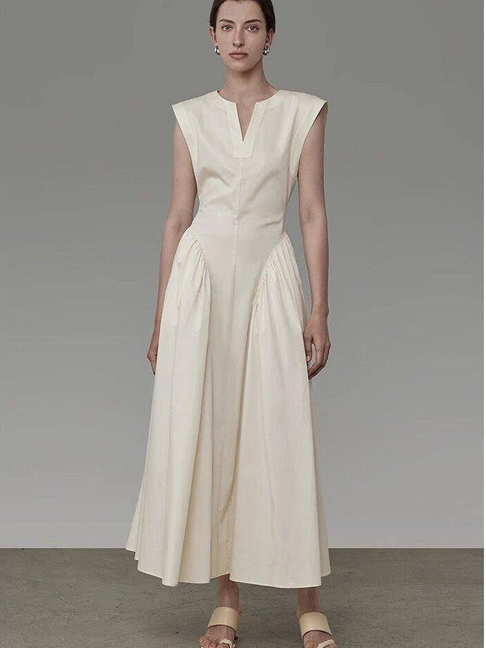 unspoken Pleated High Waist Minimal H Silhouette U Neck Sleeveless Office Maxi Dresses
