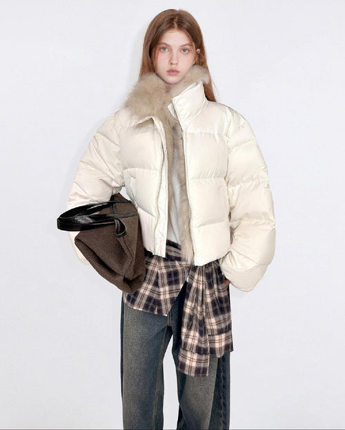 fano 90 Percent White Duck Down Warm Short Stand Collar Plaid Women Down Jackets