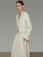 unspoken Cropped V-neck Blazer Tailored Slim High Waist Cotton Office Top & Skirt Sets