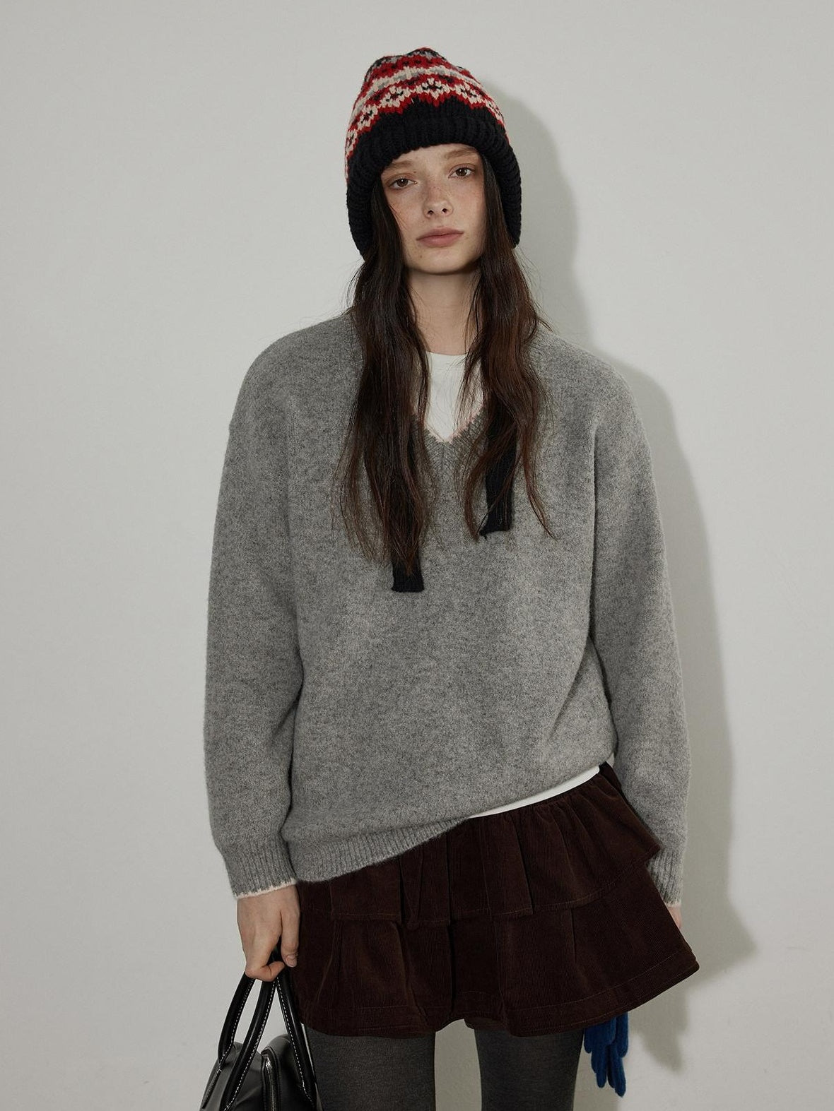Lofi choose Soft Acrylic V-neck Loose Fit Office Knit Pullover Grey Brown Sweaters