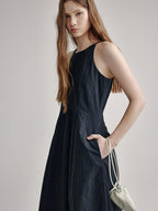 High Waist Sleeveless Minimalist Office A Line Cotton Blend Maxi Dresses
