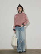 Lofi choose Acrylic Cotton Soft Striped Loose Fit Pullover Commuter Style Women Sweaters