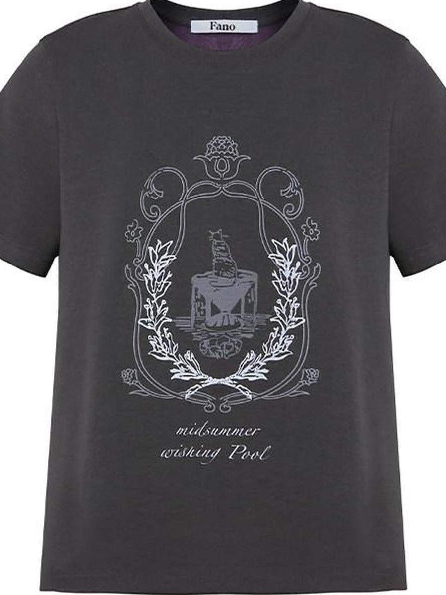 fano Soft Polycotton Korean Loose Fit Crew Neck Dark Gray Print Short Sleeve T-Shirts