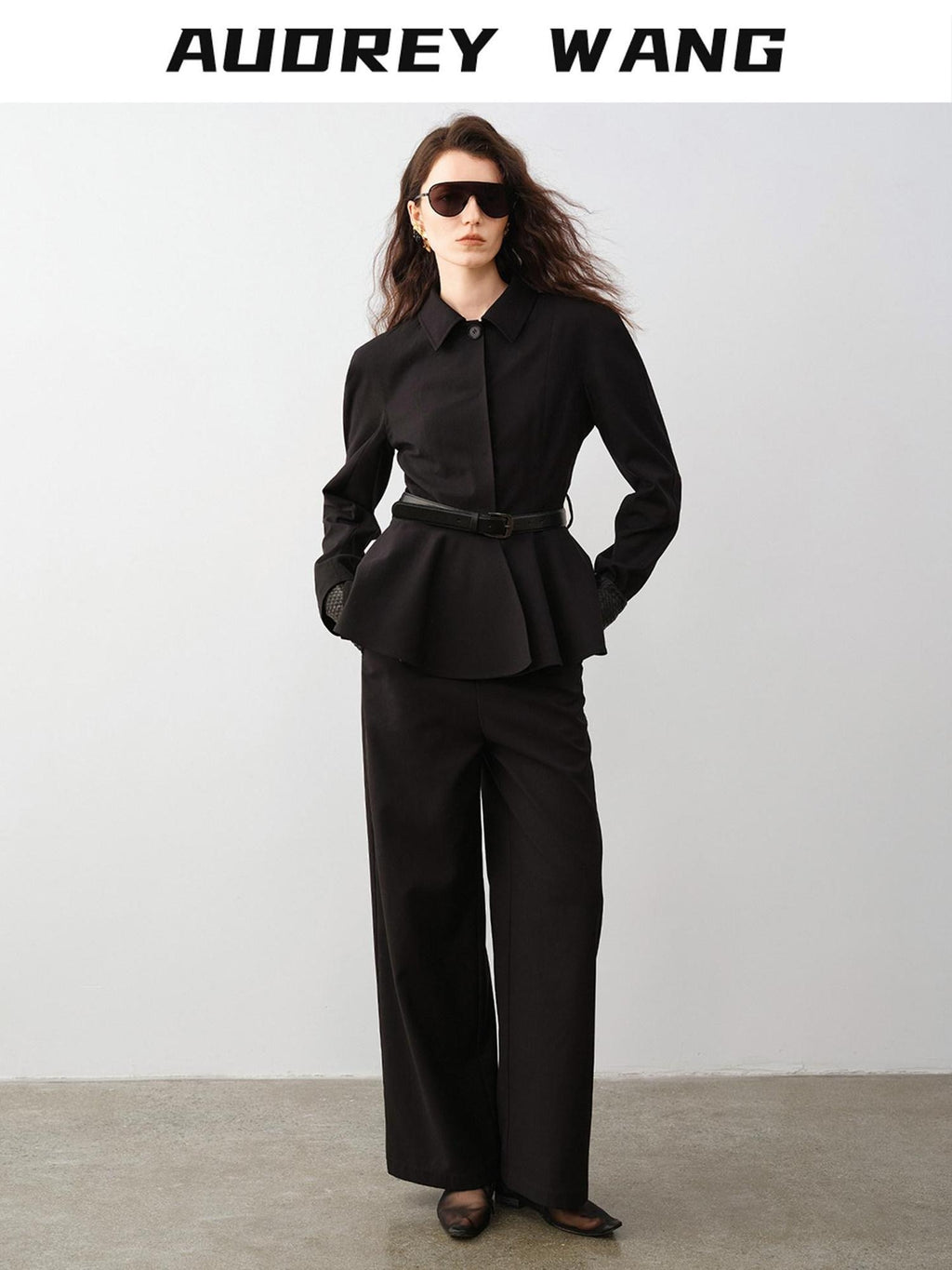 audreyyang Waist Slimming Casual Cropped Lapel Long Sleeve Black Polyester Top & Pants Sets