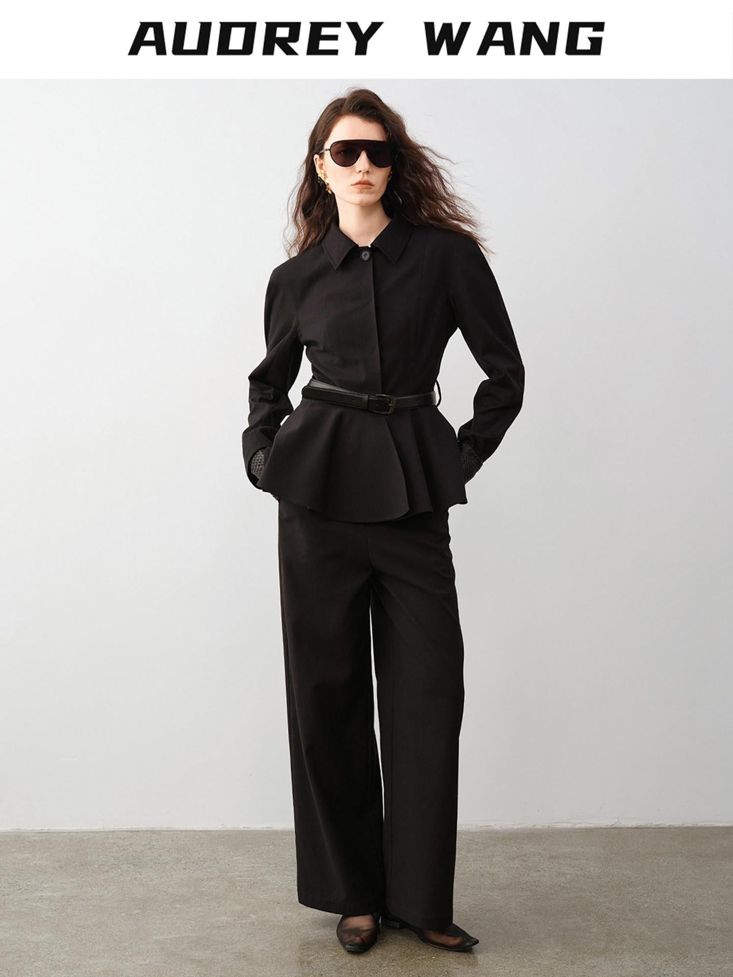 audreyyang Waist Slimming Casual Cropped Lapel Long Sleeve Black Polyester Top & Pants Sets
