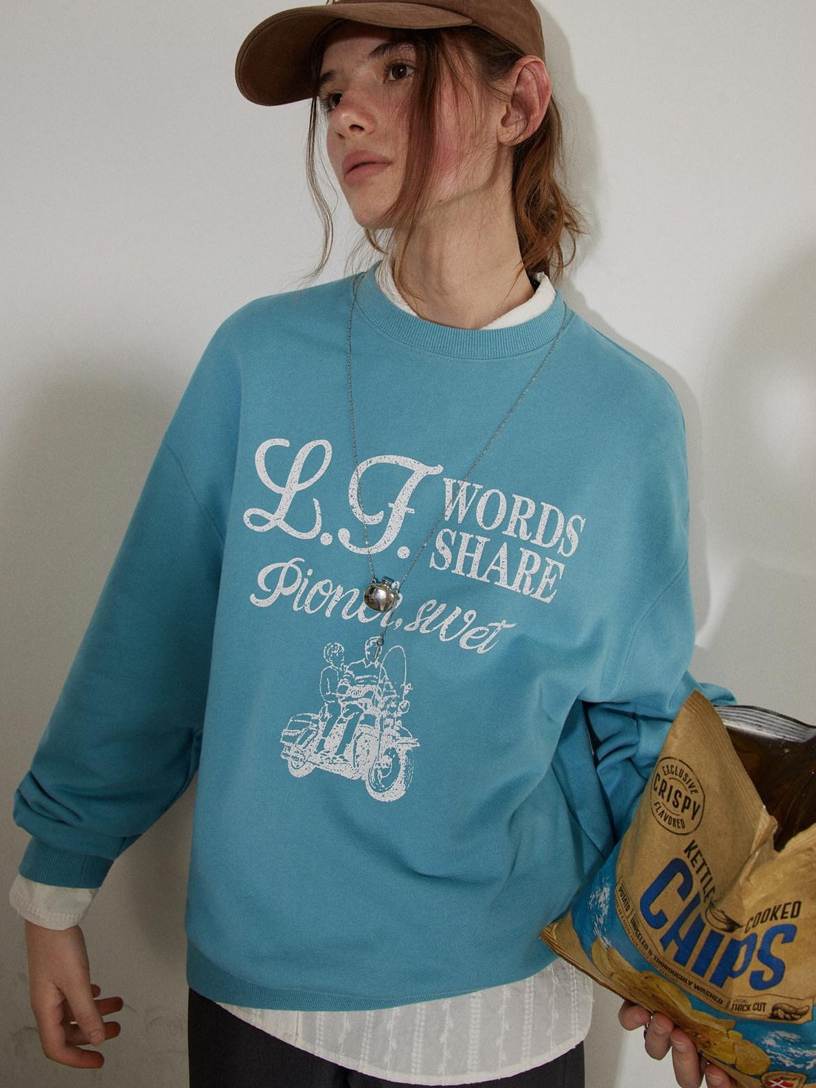 Lofi choose Cozy Oversized Crewneck Long Sleeve Commuter Blue Khaki Sweatshirt