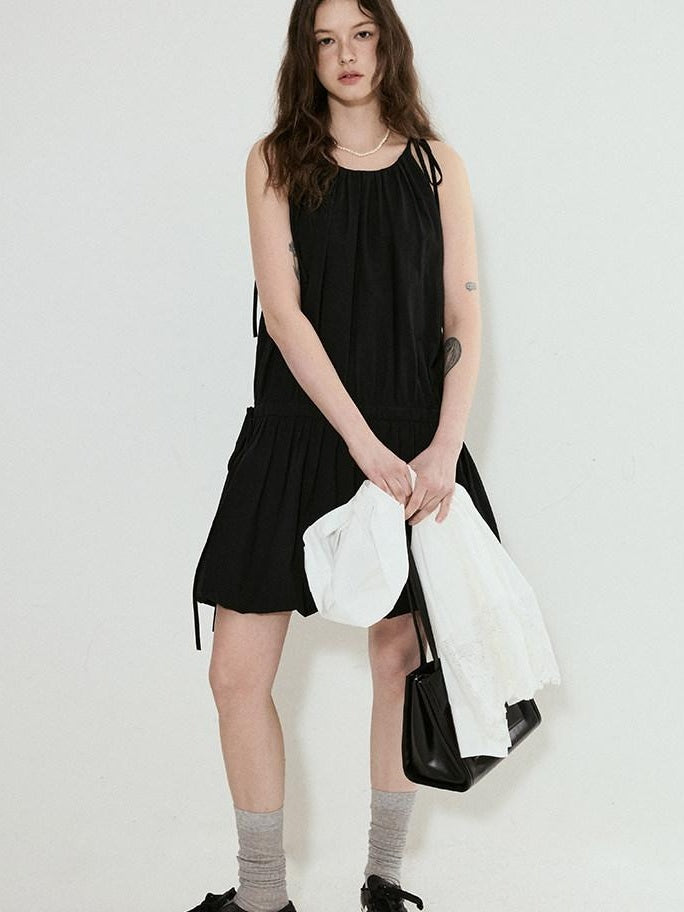 fano Black Sleeveless Aline Neck Natural Waist Cotton Blend Commuter Midi Dresses