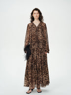 audreyyang Silk Blend Leopard Print A Line Fitted Waist Long Sleeve Vacation Maxi Dresses