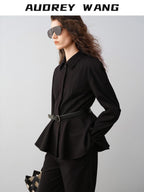 audreyyang Waist Slimming Casual Cropped Lapel Long Sleeve Black Polyester Top & Pants Sets