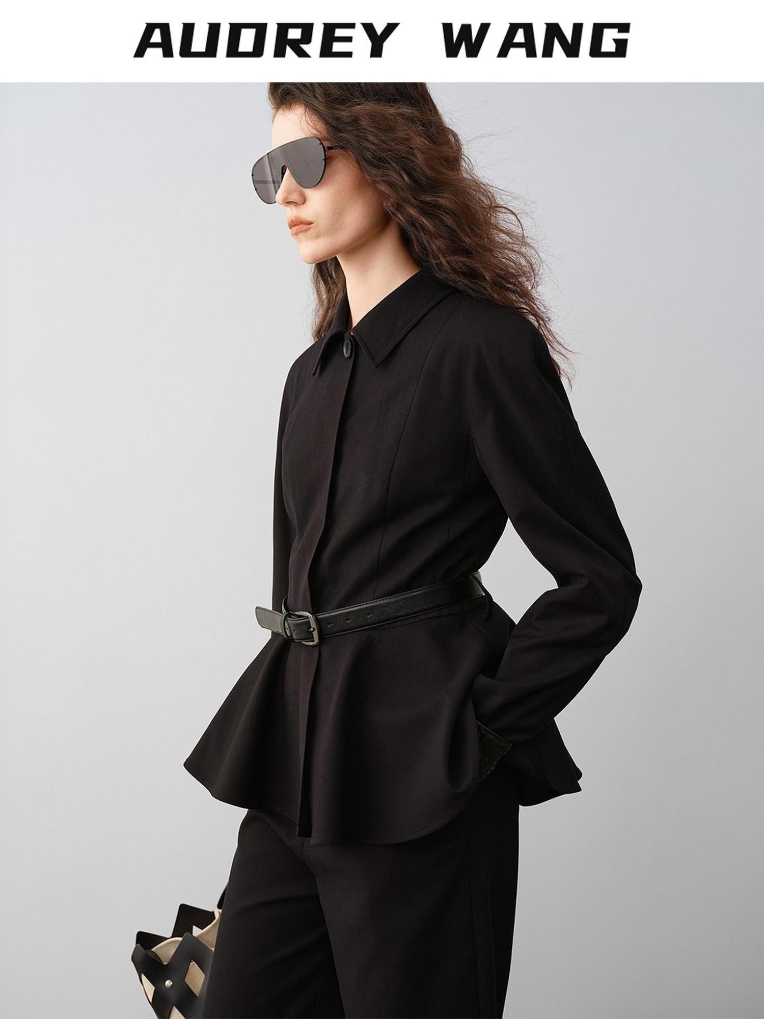 audreyyang Waist Slimming Casual Cropped Lapel Long Sleeve Black Polyester Top & Pants Sets