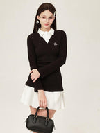 ikyou Pure Cotton Pleated Patchwork Faux Two Piece Aline Fitted Waist Midi Dresses