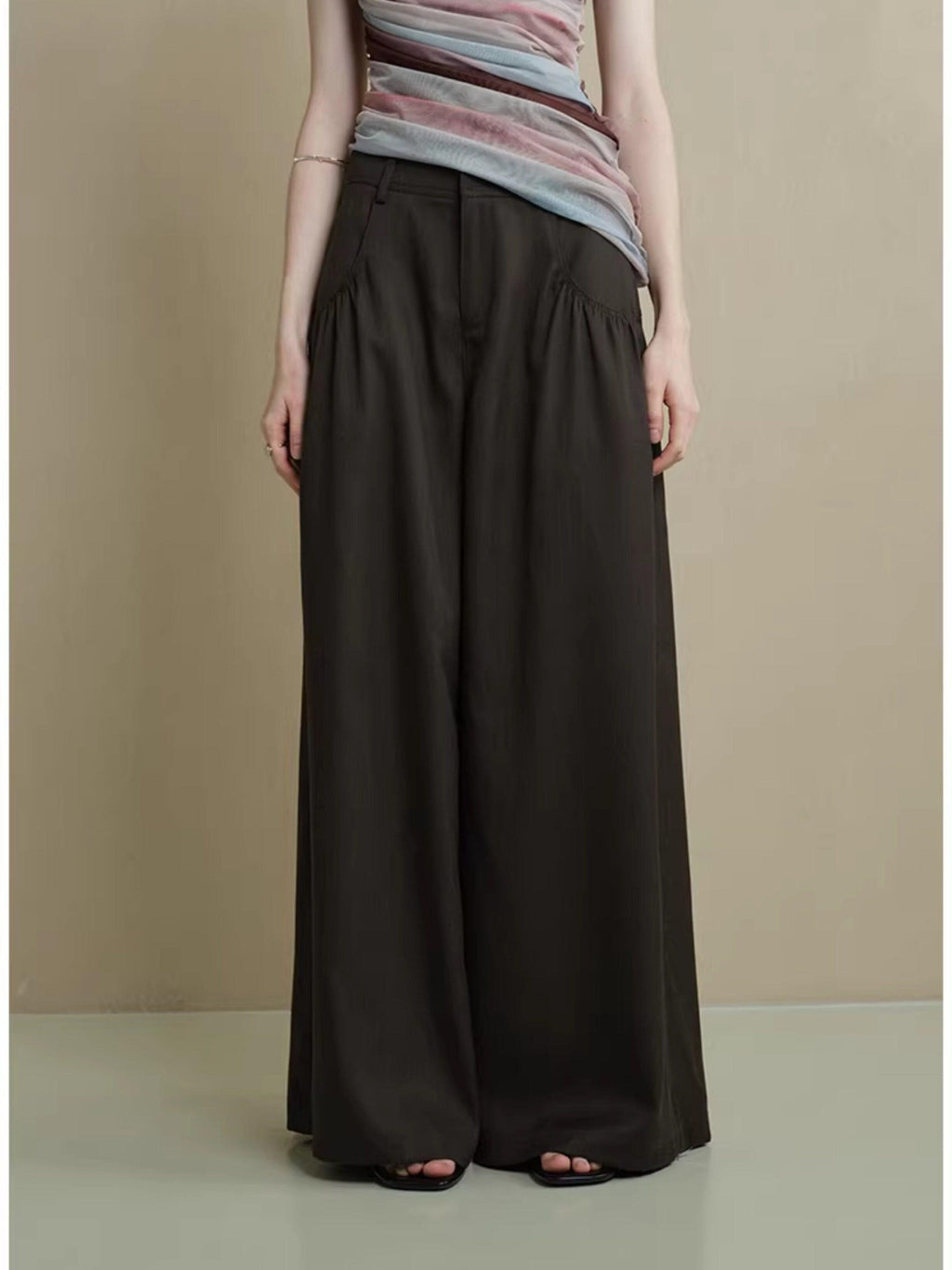 someonesometimes Comfort Minimalist Elastic Natural Waist Office Dark Brown Wide Leg Pants