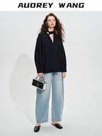 audreyyang Shape Retaining Loose Long Lantern Sleeve Pullover Navy Polyester Women Blouses