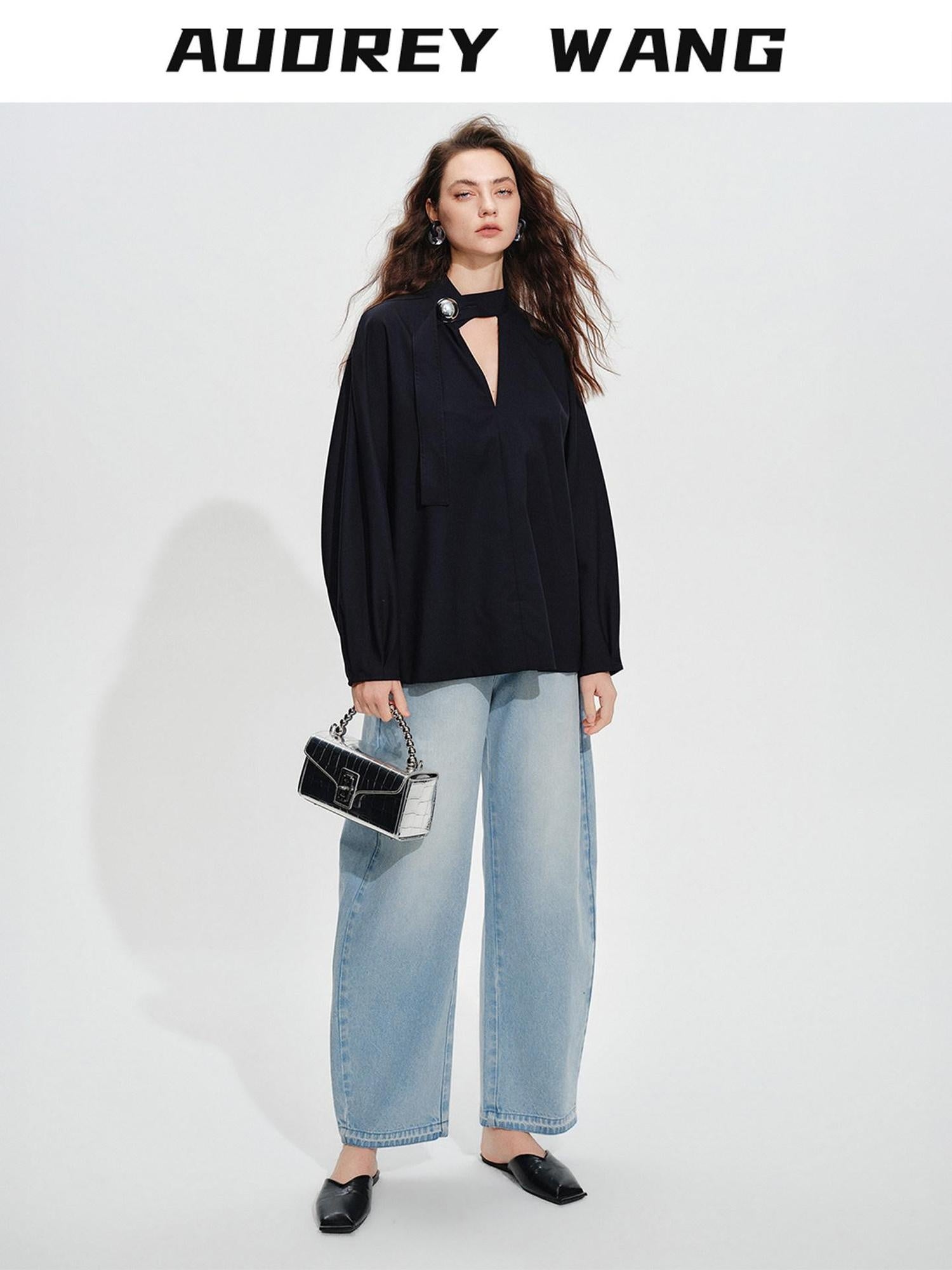 audreyyang Shape Retaining Loose Long Lantern Sleeve Pullover Navy Polyester Women Blouses