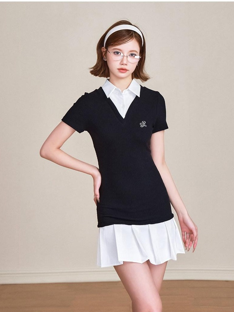 ikyou 100 Percent Cotton Waist Cinch Patchwork Collared Short Sleeve Midi Dresses