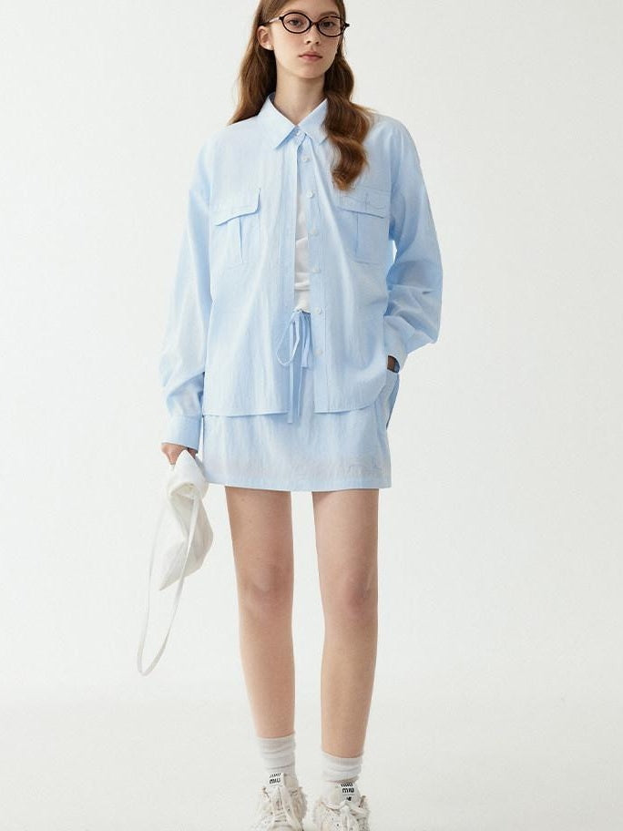 fano Breathable Lyocell Korean Oversized Collared Long Sleeve Women Blue Shirts