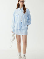 fano Breathable Lyocell Korean Oversized Collared Long Sleeve Women Blue Shirts