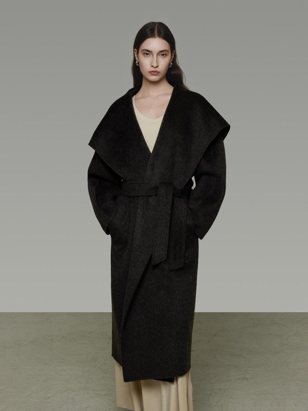 unspoken Pure Sheepswool Long Belted Lapel Loose Tailored Office Coffee Brown Wool Coats
