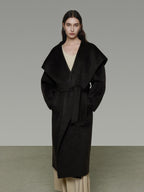 unspoken Pure Sheepswool Long Belted Lapel Loose Tailored Office Coffee Brown Wool Coats